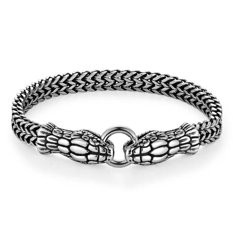 Mens Stainless Steel Double-Headed Snake Bracelet Punk Rock Retro Style Polished Titanium Bangle Fashion Statement
