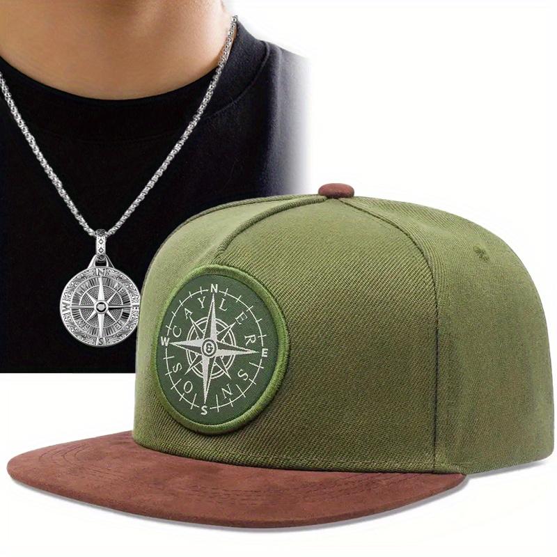 

2 шт. вышитая шляпа с плоскими полями в стиле хип-хоп, кепка с утиным язычком, модная повседневная бейсбольная кепка, комплект из ожерелья с подвеской в виде диска и компаса для мужчин и женщин, спортивная шляпа от солнца армия зеленый