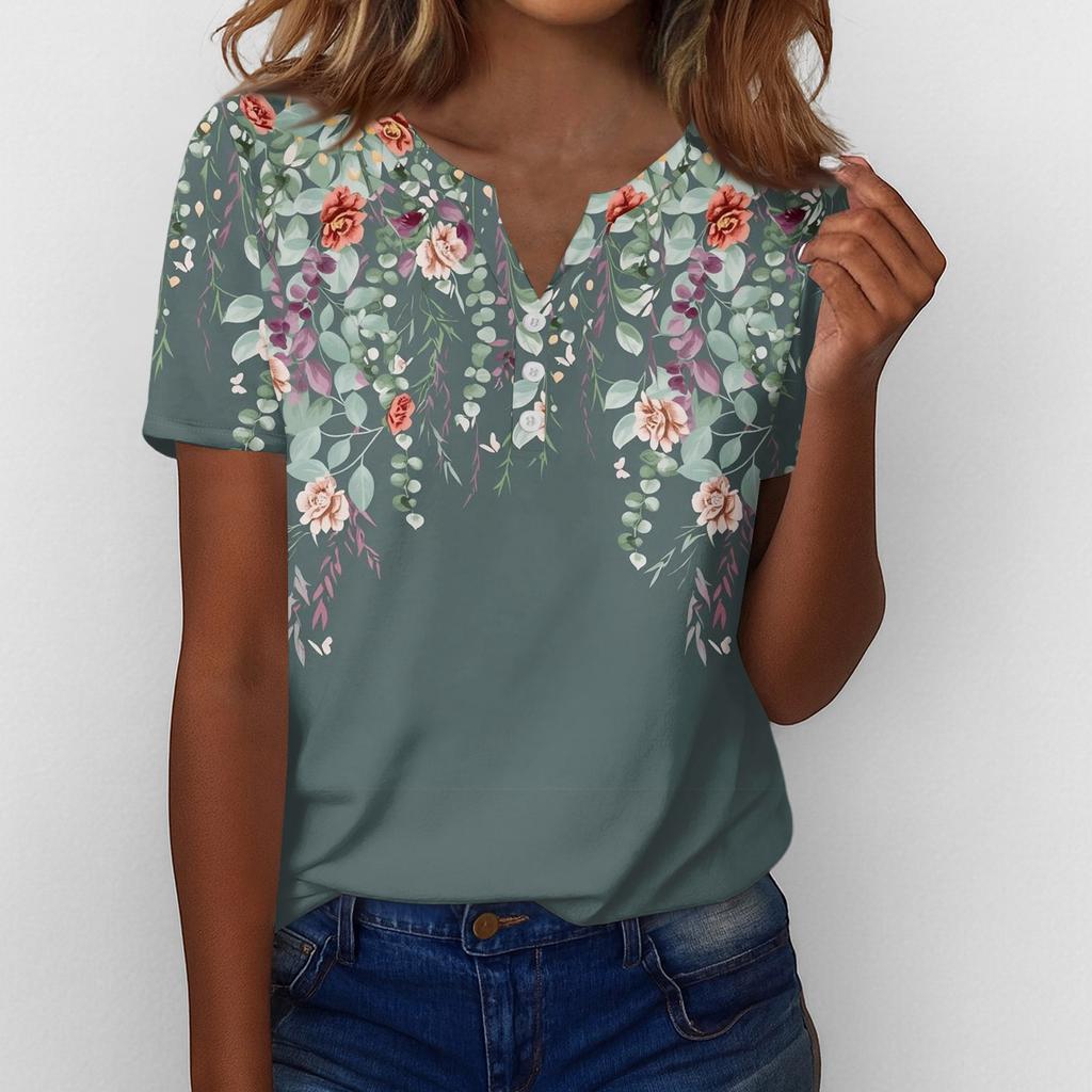 Sommartoppar för kvinnor Knäppbara blusar för kvinnor Snygga vardagliga V-ringade T-shirts