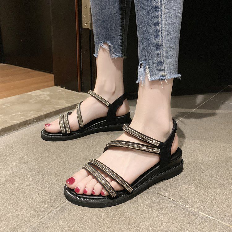 Fashion Woman Shoes Roman Style No Heel Rhinestones Outdoor Sandals for Women Asian Size On Sale Luxury 2025 Offer Vintage Summer Casual