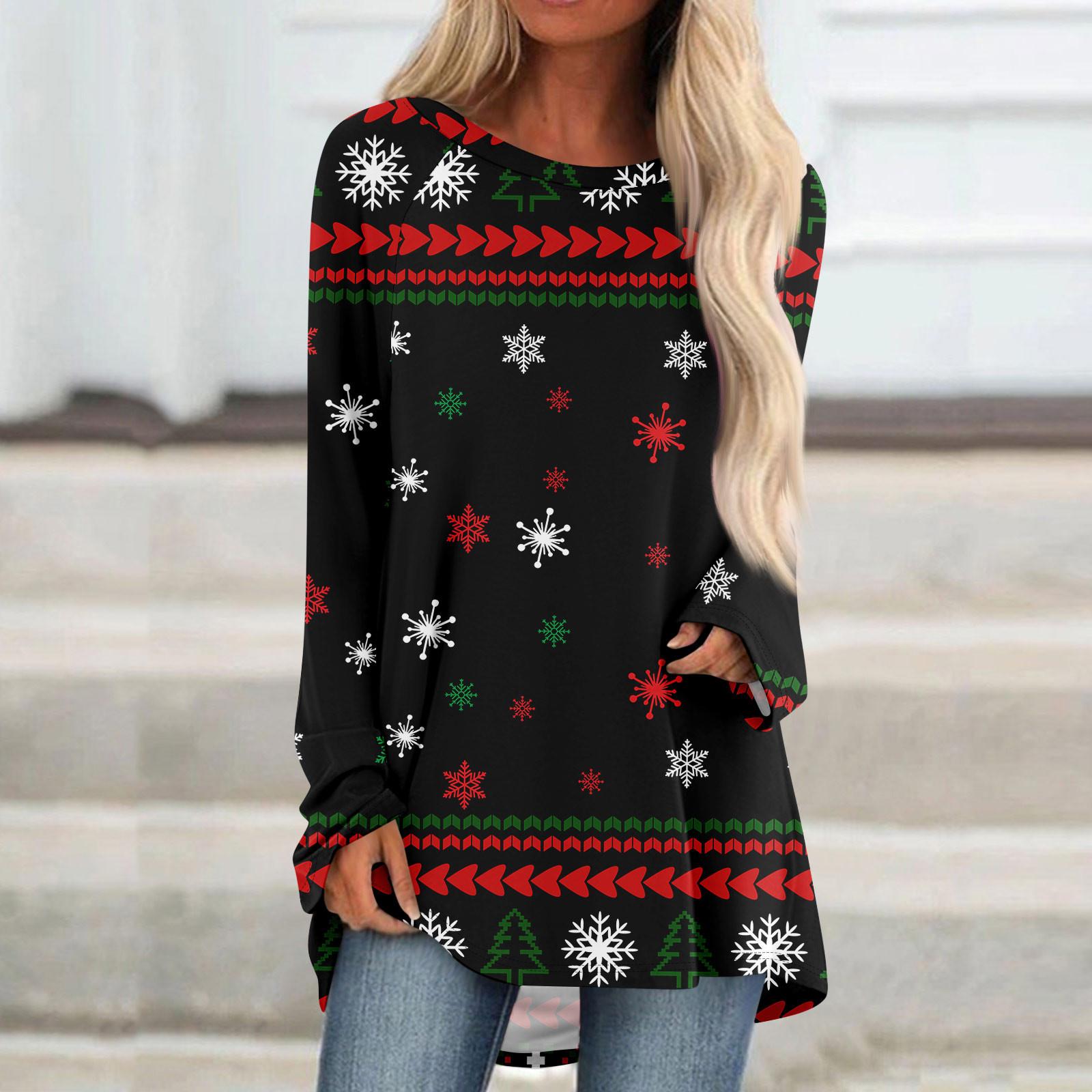 

Женский модный свободный свитер средней длины с круглым вырезом и рождественским принтом, рукава реглан, повседневный топ с длинными рукавами M тёмно-синий