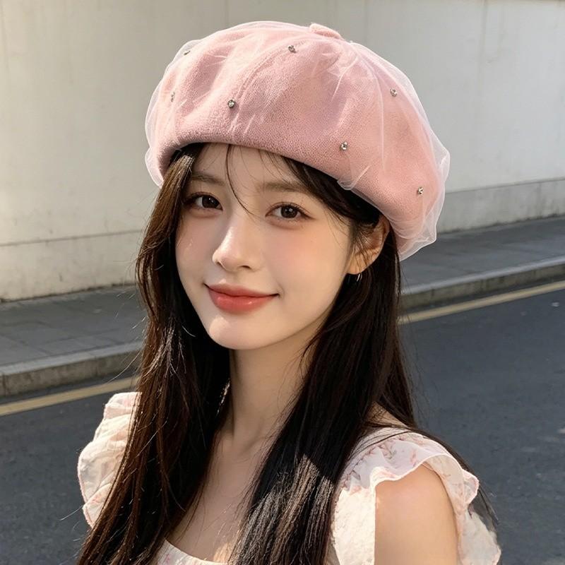 Lady Ballet Beret Hat With Pearl Mesh Embellishment For Casual Summer And Spring Wear