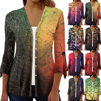 Dames Losse Casual Bedrukte Zevenkwartsmouw Button-Down Overhemd Cardigan Top