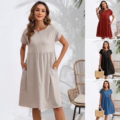 Summer Cotton and Linen Round Neck A-line Skirt Pocket Dress
