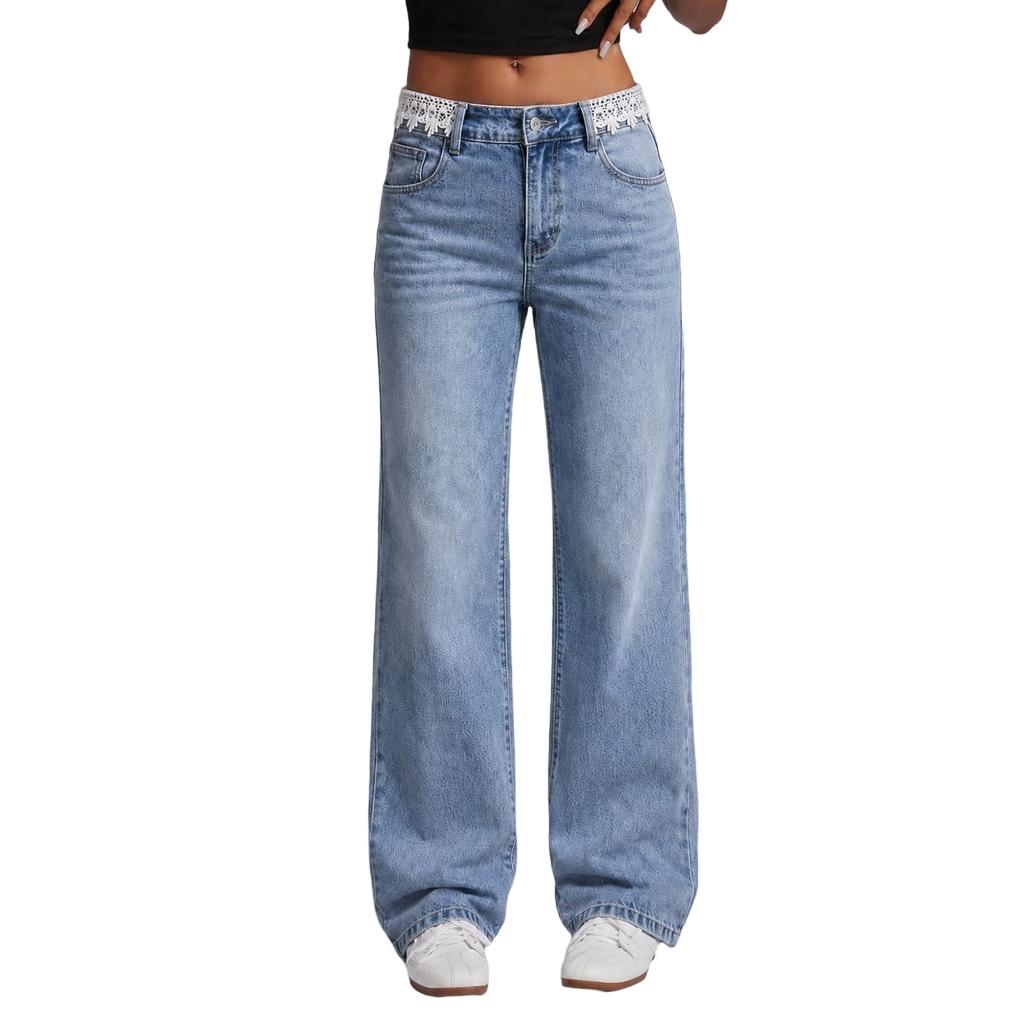 Jeans Larghi Casual da Donna con Vita Bordata in Pizzo