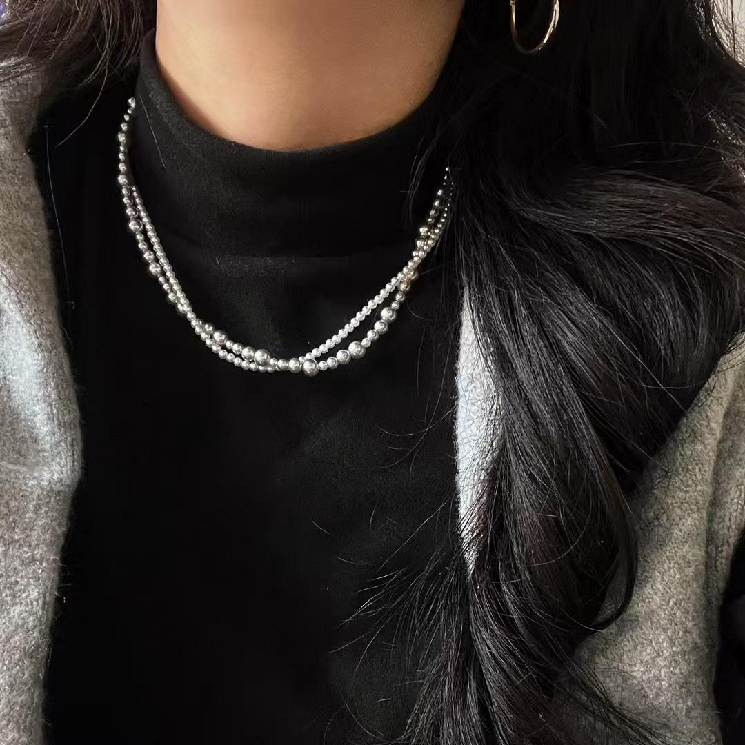 

Vintage 616 Real Multi-Hemp Cold White Double-Layer Artificial Crystal Pearl Necklace Collarbone Chain