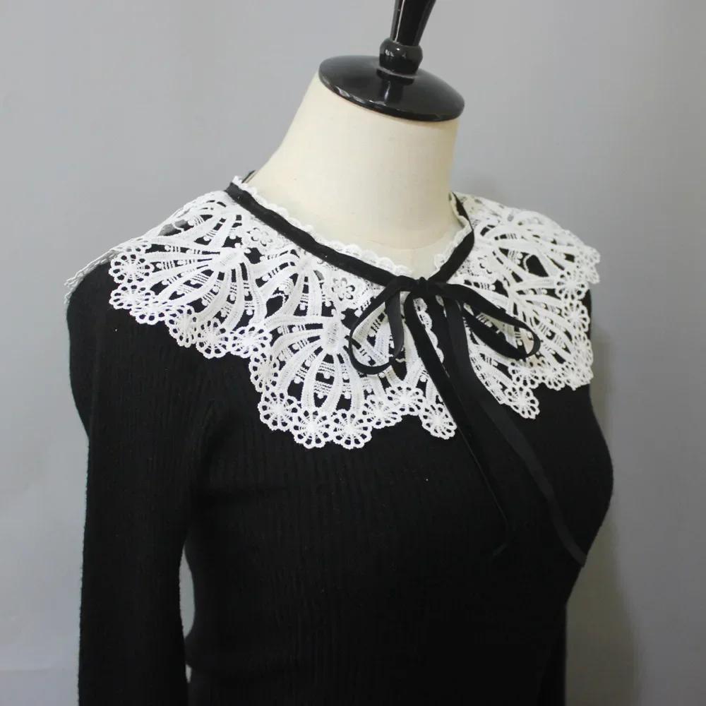 Perfect Match New Embroidered Lace-Up White Fake Collar For Girls, Black Lace-Up Floral Crochet Collar Dress Sweater Decoration Collar