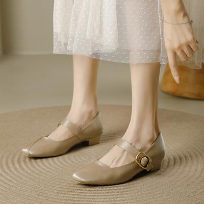 Französische Dickabsatz-Einzelschuhe Damen 2025 Sommer neu Ein-Wort-Schnalle Retro Pendeln Bequem Weiche Sohle Mary Jane High Heels