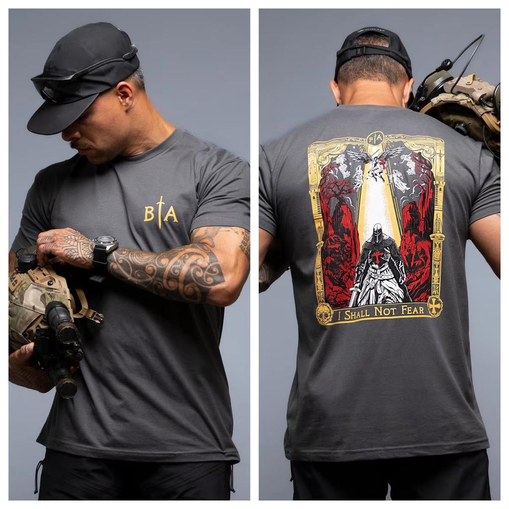 Vintage Tarot Border Red Gold Black Templar Knight Graphic T Shirt Double Chest Back Bta Cross Sword Letter Logo