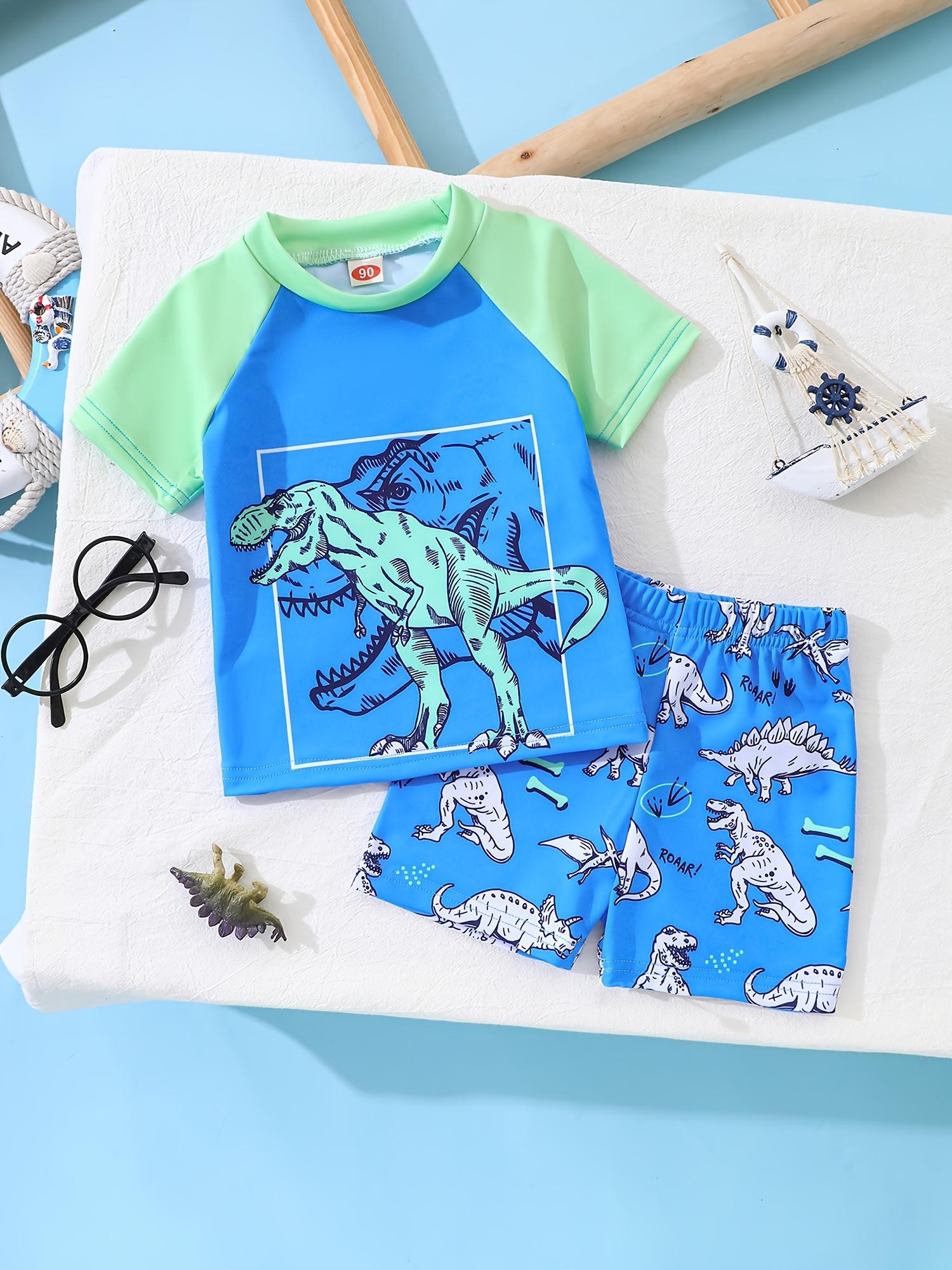 Boys Swimwear Set Short Sleeve Raglan Dinosaur Print Top Full Print Swim Trunks Swimsuit 90 синий