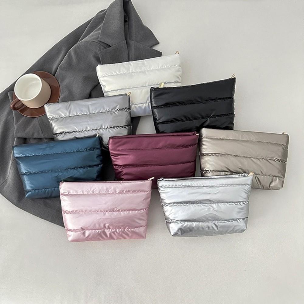 New Solid Color Cosmetic Bag Large Capacity Zipper Quilted Toiletry Pouch Fluffy Nylon Women Clutch Bag