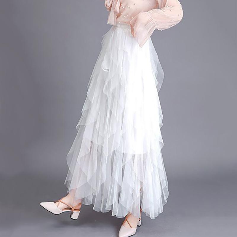 WTEMPO Tutu Tulle Solid Long Maxi Skirts Women Large Size Korean Cute Pink Black White High Waist Pleated Mesh Skirt