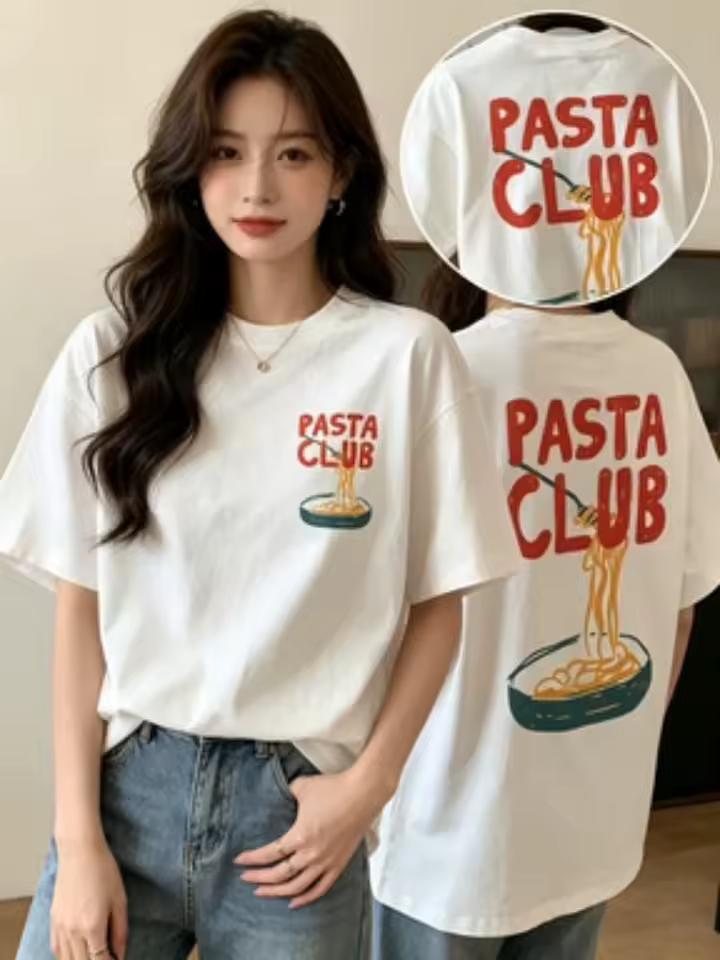 Double-sided Print Summer Women's Casual Top Hand-painted Style Pasta and Fork PASTA CLUB Print Round Neck Short-sleeved