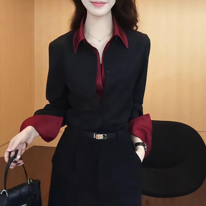 

French Color Block Faux Two-Piece Long-Sleeve Shirt for Women - 2026 Spring Collection: Elegant, Stylish Top XXL чорний