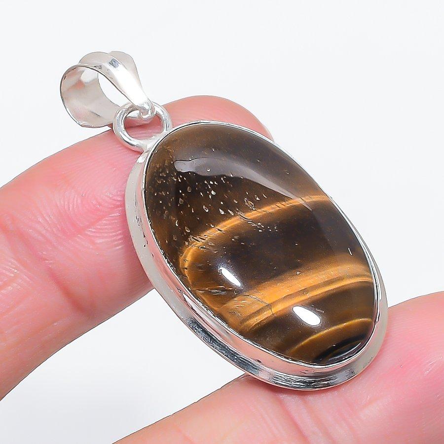 Natural Tiger Eye Gemstone 925 Sterling Silver Jewelry Pendant 1.85" W2z03
