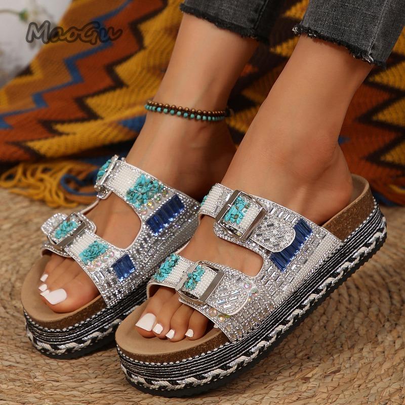 Slip On Women Summer Footwear Thick Bottom Women's Fashion Slippers Rhinestone Beads Decor Beach Slippers Sandalias De Mujer