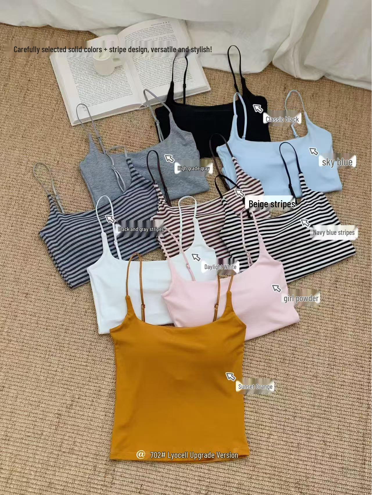 

Lyocell Striped One-Shoulder Camisole with Built-In Bra: Versatile Spring/Summer Essential with Elegant Back Design. Large