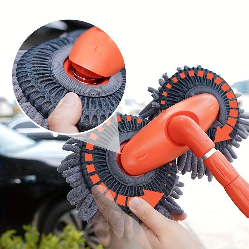 Retractable Double Layer Car Wash Brush with, Soft Car Wash Mop Car Wash Mitt Scratch-Free Car Wash with 360°Flexible Rotation Microfiber Replacement