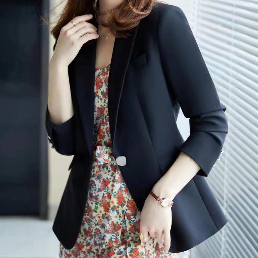 Autumn New Single-Button Slim Fit Women's Blazer Jacket, Solid Color Beige Casual Small Suit