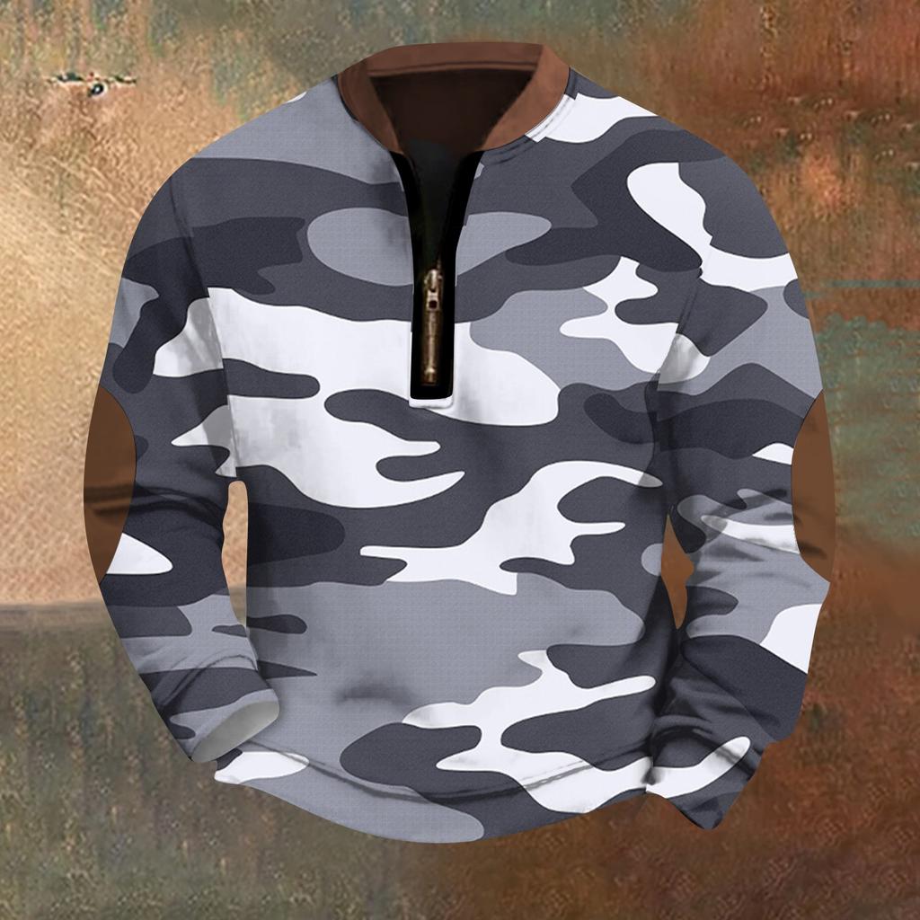 Men's Fashion Casual Half Zip Neck Loose Long Sleeve Camouflage Sweatshirt