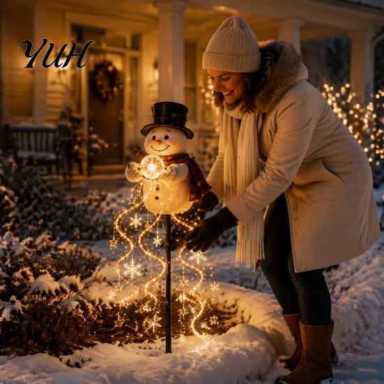 Solarbetriebene Feiertags-Gartendekoration Schneemann Gartenlicht mit fließenden Schneeflocken, LED-Weihnachts-Wasserfall Warmweiß Außenbeleuchtung Stern, Wetterfest