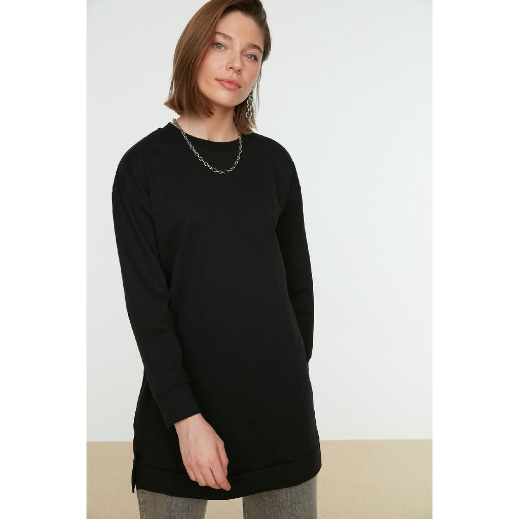 Orangefarbenes Basic-Strick-Sweatshirt mit Schlitz und Rundhalsausschnitt, Tctaw22tw0138