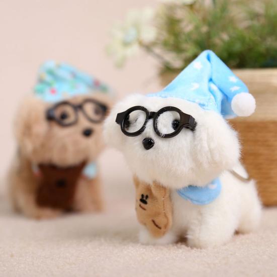 Sleeping Glasses Dog Plush Keychain Cute Puppy Backpack Charm with Wizard Hat & Bib Soft PP Cotton Stuffed Doll Gift for Dog Lovers