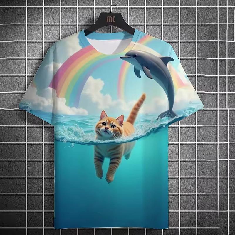 Men's T-shirt 3D Printed Funny Beach Catching Fish Kitten Printed Short Sleeve T-shirt Daily Casual Round Neck T-shirt Polyester