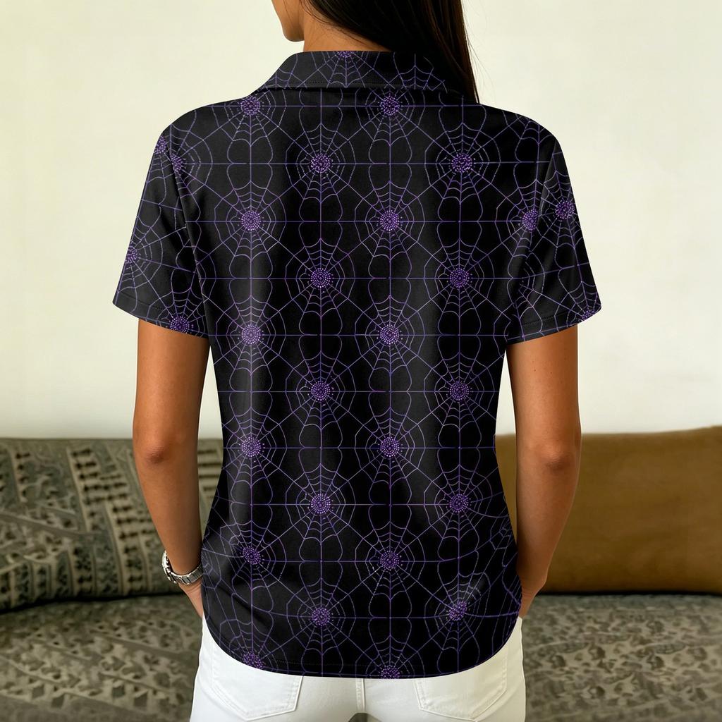 Women's Casual Button Down Short Sleeve Blouse with Halloween Print Lapel