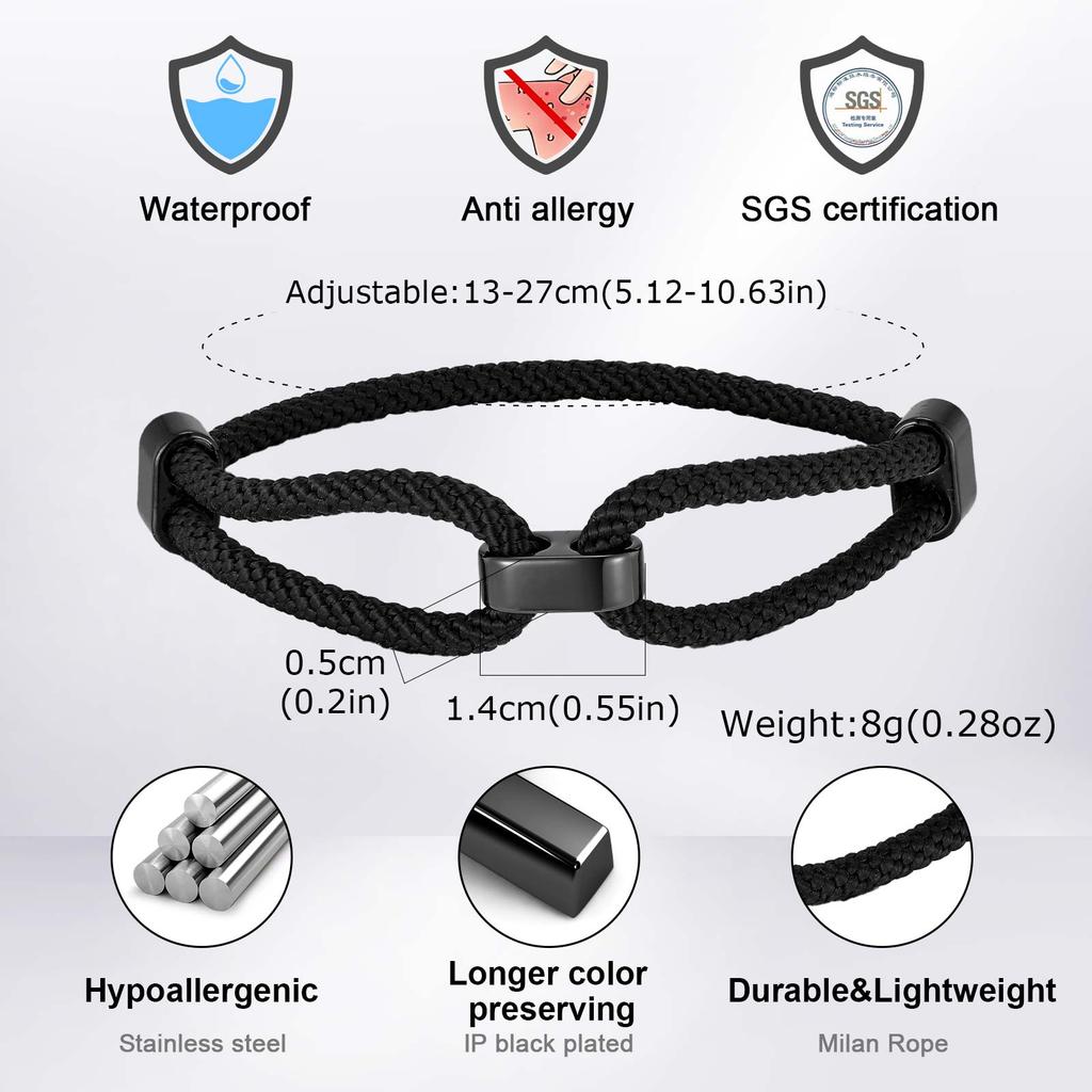 Individuelles schwarzes Mailänder Seilarmband für Damen Herren, Verstellbares Armband mit Edelstahlrohr, Personalisierbares Schmuckgeschenk