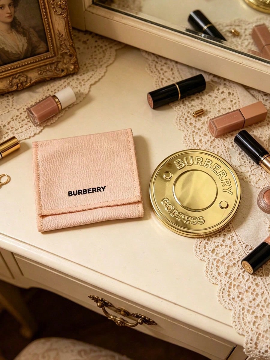 BURBERRY Vintage Gold Round Compact Mirror Portable Mini Makeup Mirror with Pink Storage Pouch for Women Daily Travel S