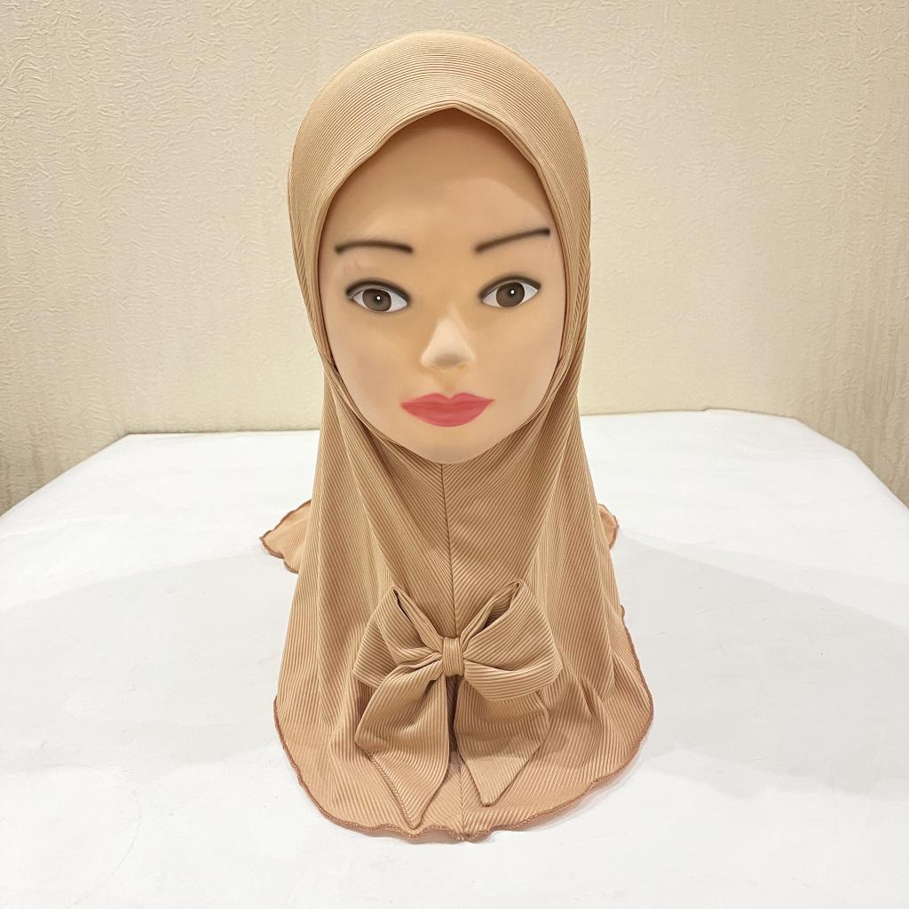 Beautiful Plain small girl hijab with bow simple cute hijab hats women's caps can fit 2-6 years old girls