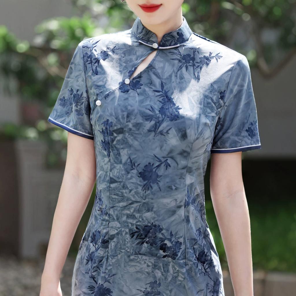 1011 Chinese style summer and autumn new improved flocked cheongsam long wedding ceremony daily self-cultivation Chinese performance