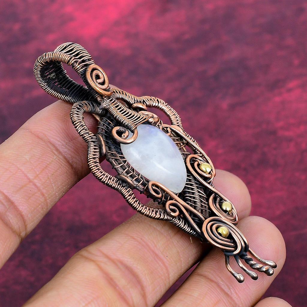 Rainbow Moonstone Pendant Copper Wire Wrapped Pendant Natural Gemstone Jewelry