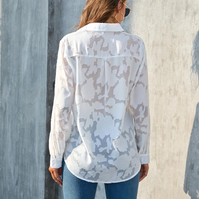 Women's Lapel Jacquard Cardigan Button Shirt Slightly Transparent Top