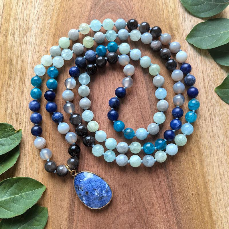 108 Beads Hand Knotted Mala Necklace,Natural Sodalite,Apatite,Aquamarine,Grey Onyx,JapaMala,Healing Crystals,Yoga Prayer Gift