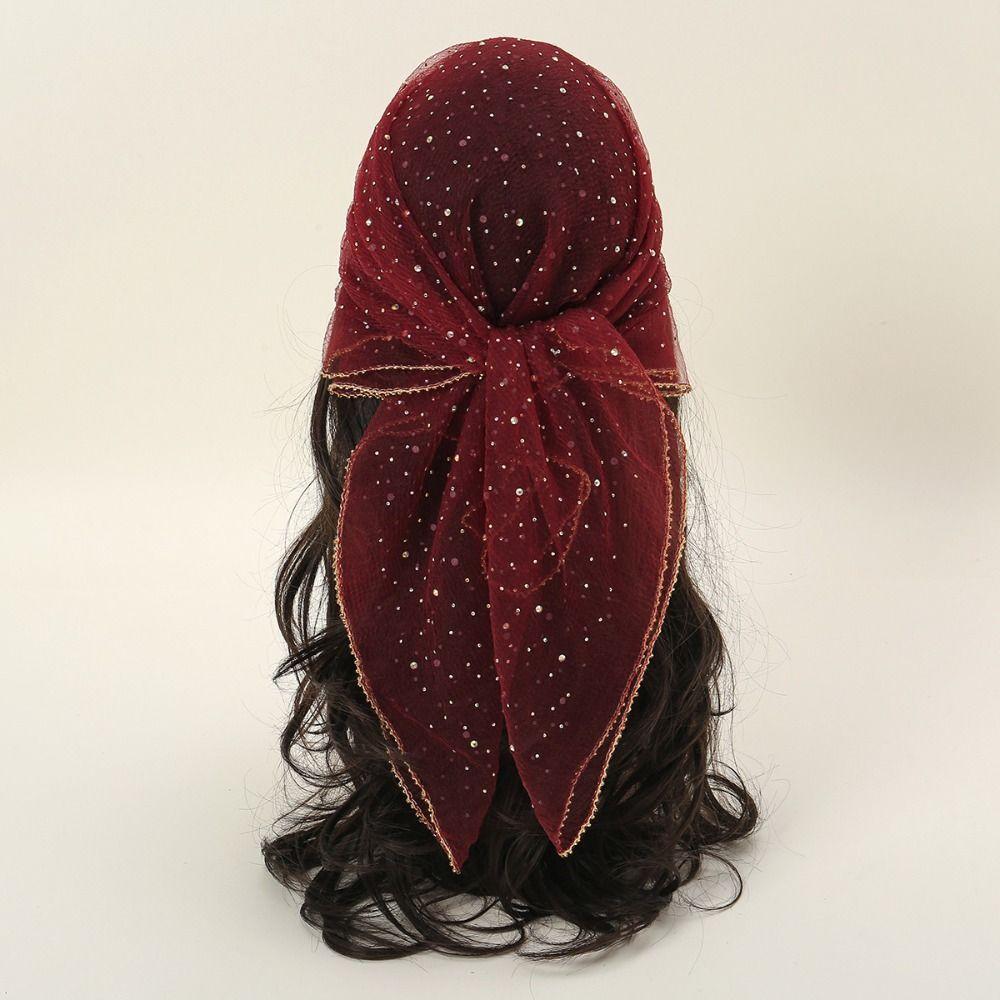 Thin Hotfix Rhinestone Square Scarf Sparkle Glitter Veil Turban Mesh Bandana Women Fashion