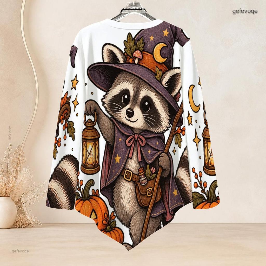 Women Plus Size Round Neck Long Sleeve T Shirt Halloween Snail Pumpkin Print Asymmetric Hem Button Detail