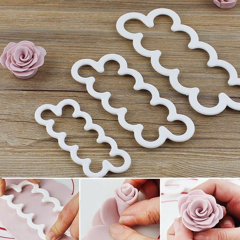 3 Pcs/set Rose Flower Cake Molds Plastic White Rose Flower Fondant Cutter Cake Decorating Molds Biscu