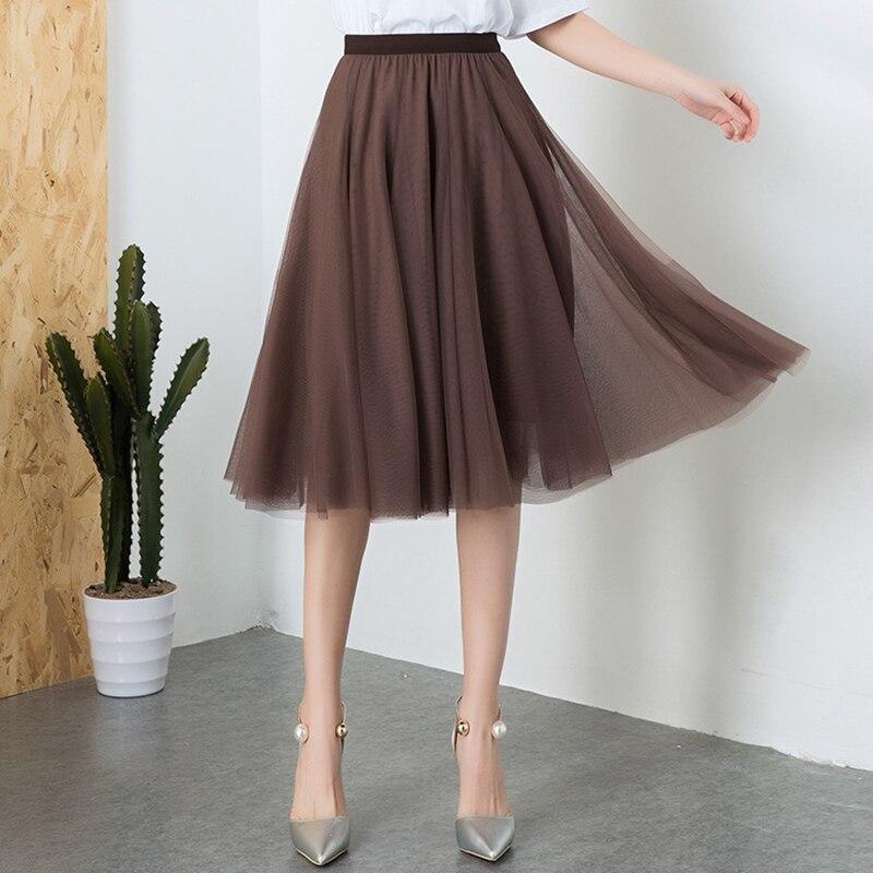 Qooth Sladká tylová síťovaná sukně ke kolenům Dámská elastický pas Pohádková plisovaná sukně Jednoduchá ležérní QT2221