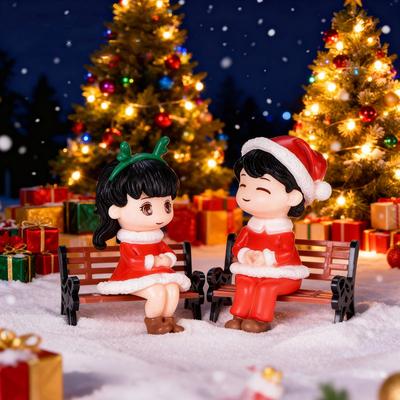 1-10Pairs Christmas Couple Figurine Crystal Ball Ornament Miniature Scene Sitting Decor DIY Desktop Car Decor Holiday Gift