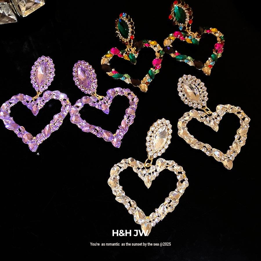 Silver Needle Diamond Geometric Love Hollow Earrings Sweet Cool Spice Girl Personality Earrings Light Luxury Advanced Earrings Women