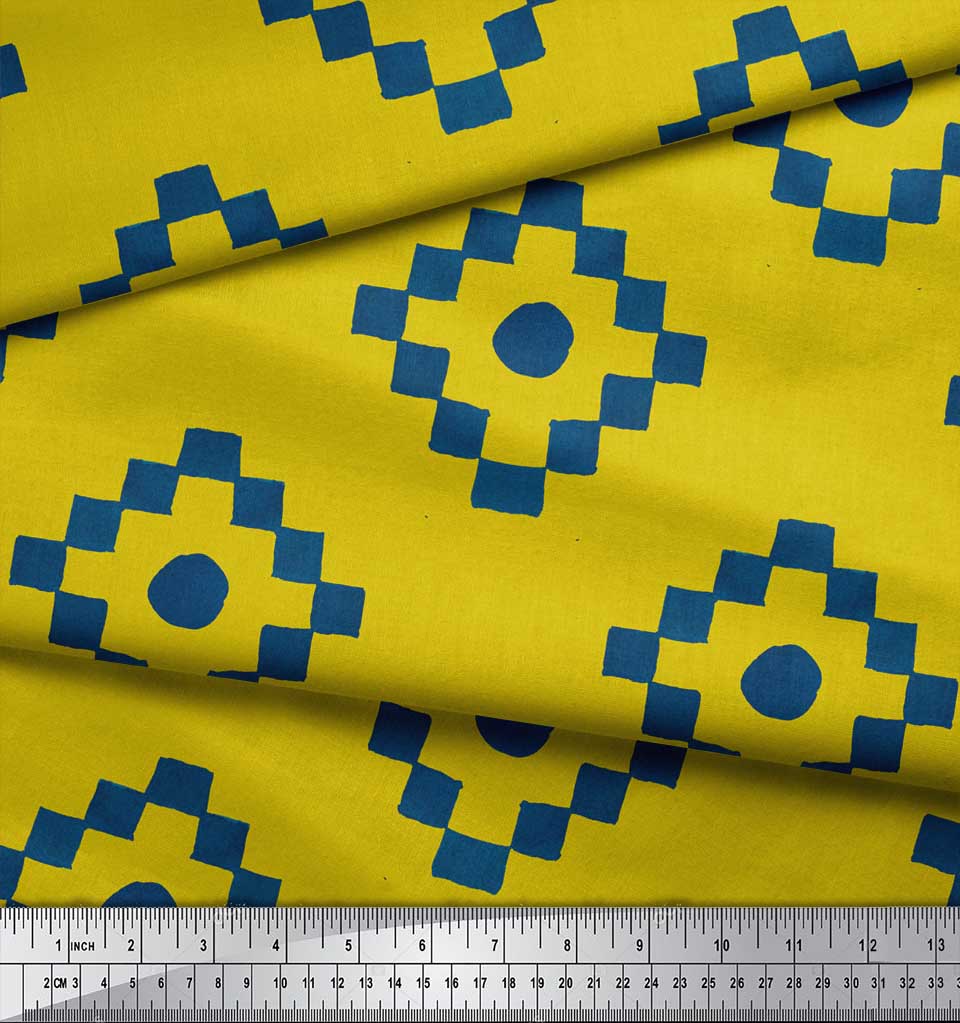 Soimoi Yellow Japan Crepe Satin Fabric Diamond Geometric Printed Craft Fabric by the Metre 42 Inch
