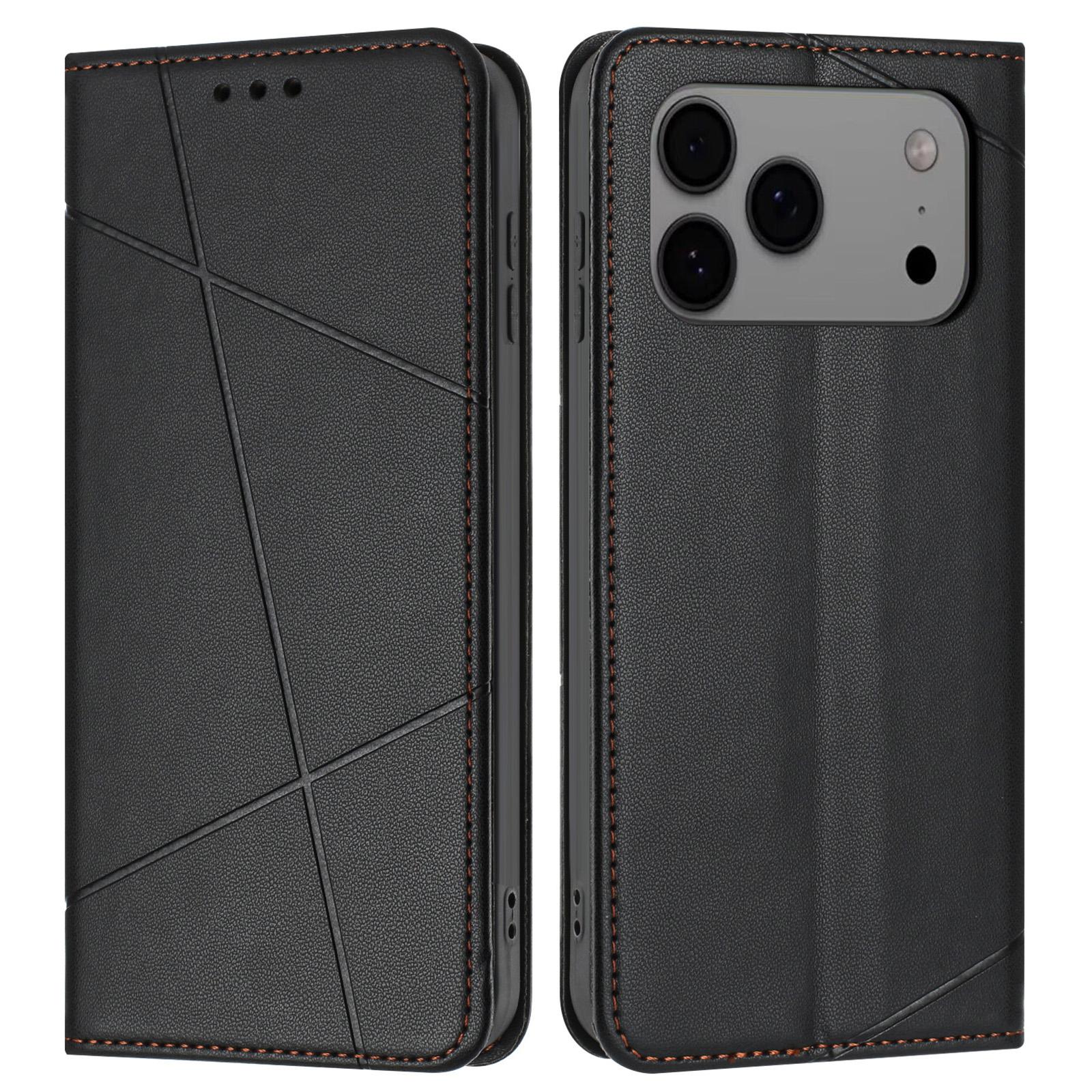 

For iPhone 17 Pro Wallet Case Line Imprinted Leather Stand Phone Cover with Wrist Strap Black