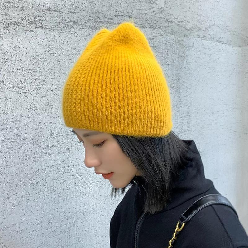 Neue Frauen Nette Katze Ohr Winter Hut Doppel-schicht Kaninchen Pelz Hut Stilvolle Weiche Beanie Hut Für Frauen Warme grils Gestrickte Hut