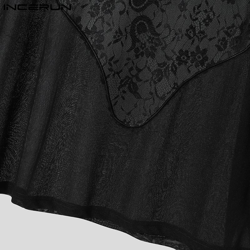INCERUN Men O Neck Short Sleeve Funny Lace Patchwork Mesh Sheer Loose T-shirts Tee