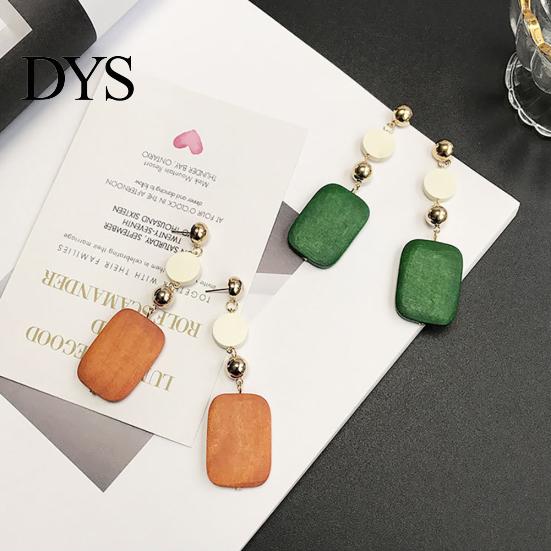 Statement DIY Wooden Geometric Square Round Dangle Jewelry Women Retro Earrings
