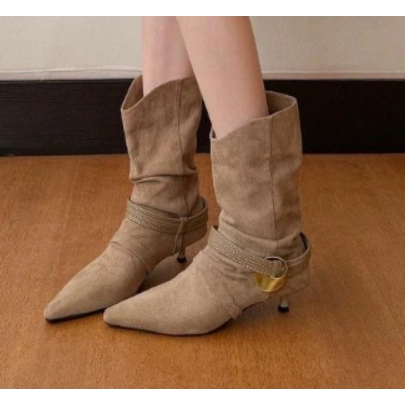 New Style Women's Brown Suede Kitten Heel Western Boots Pointed Toe Slip-on Pleated Coarse Heel Mid-Calf Boots Extra Large Size