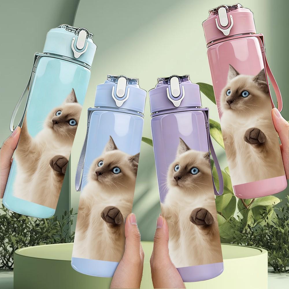 1PC Playful Kitten Cat 750ml Color Plastic Sports Water Bottle Leakproof Flip Straw Lid Suitable for Sports Office Home Use
