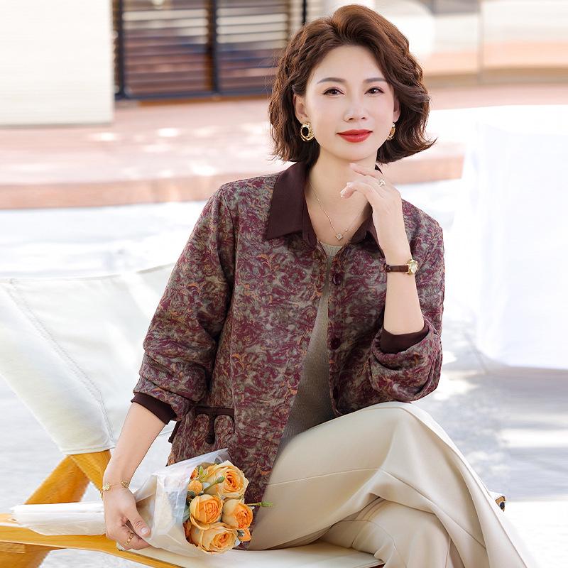 2025 Autumn/Winter New Mom's Casual Print Loose Lapel Zipper Jacket for Middle-Aged and Elderly Women